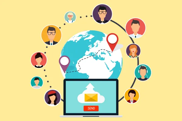 インターネットを通じて世界中の人々と情報を送受信していることを表したイラスト