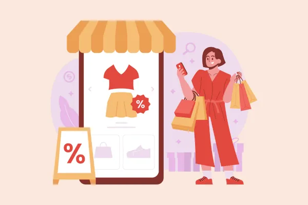 スマートフォン上のオンラインショップで商品を購入している様子を表したイラスト